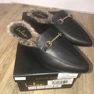 LULUS ANTONIA BLACK FAUX FUR LOAFER SLIDES